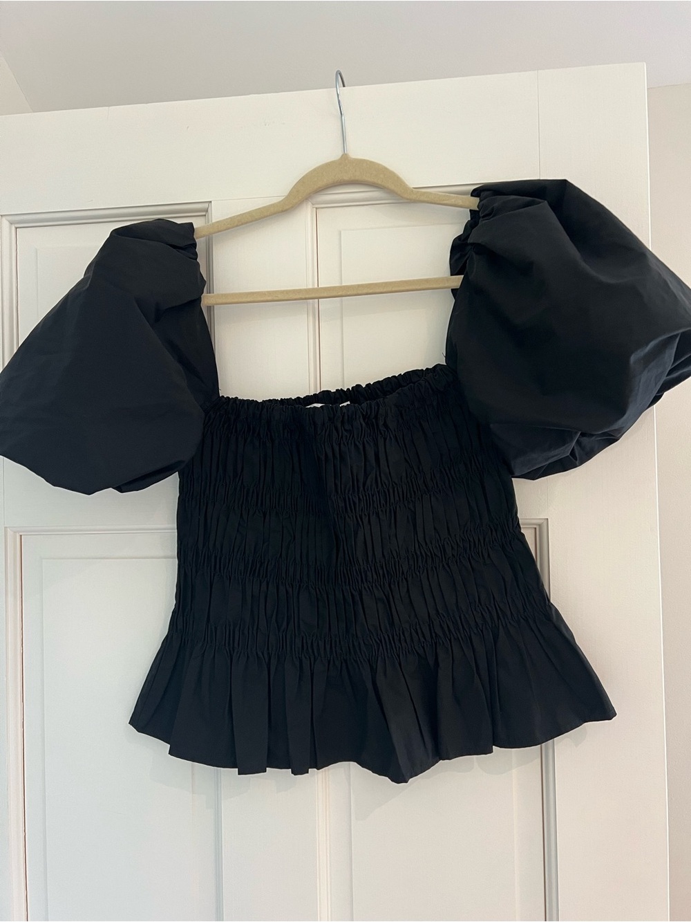 Astr Black Smocked Off-Shoulder Puff Sleeve Top